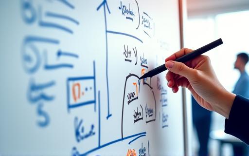 A person sketching a strategic plan on a whiteboard.