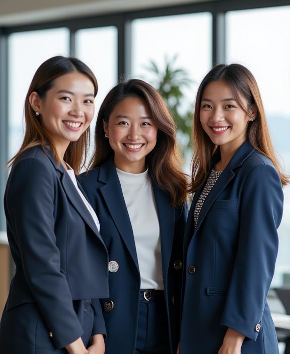 The diverse and professional team of Jinsei Kyōshitsu smiling in their Kobe office.